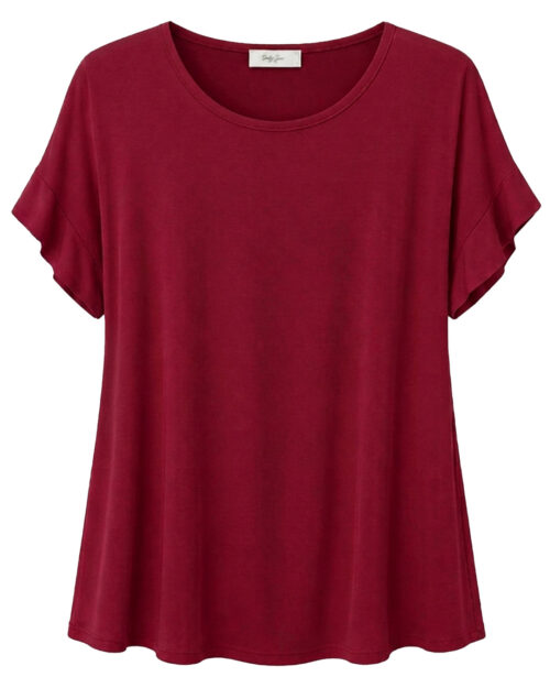 Camiseta Brisa: camiseta de mujer curvy barata en color burdeos de manga corta con vuelta y corte fluido de Quiles_Shop.