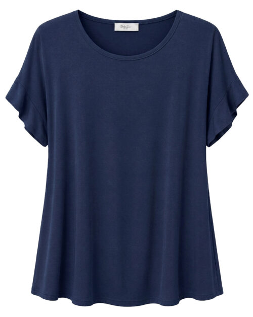 Camiseta Brisa: camiseta de mujer curvy barata en color azul marino de manga corta con vuelta y corte fluido de Quiles_Shop.