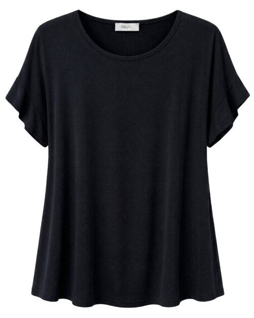 Camiseta Brisa: camiseta de mujer curvy barata en color negro de manga corta con vuelta y corte fluido de Quiles_Shop.
