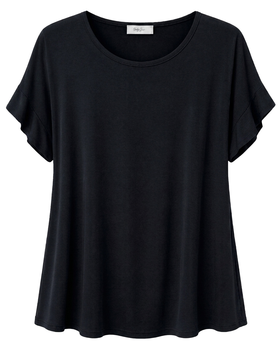 Camiseta Brisa: camiseta de mujer curvy barata en color negro de manga corta con vuelta y corte fluido de Quiles_Shop.