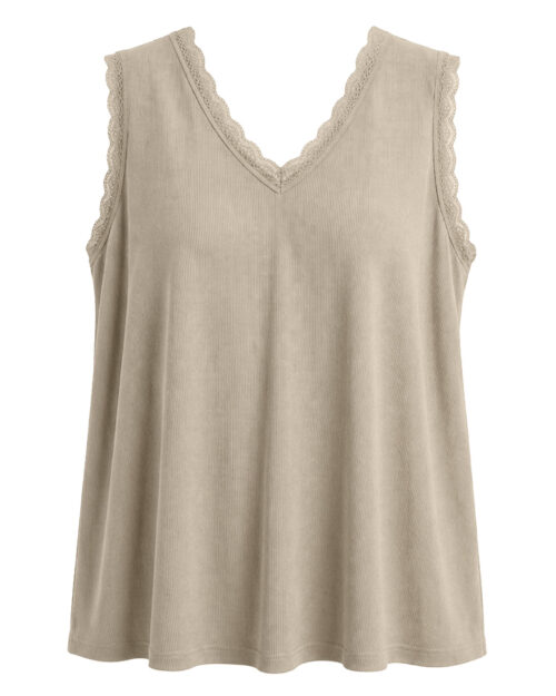 Camiseta Lencera Canale: top lencero canalé tallas grandes en tono beige con encaje de Quiles_Shop.