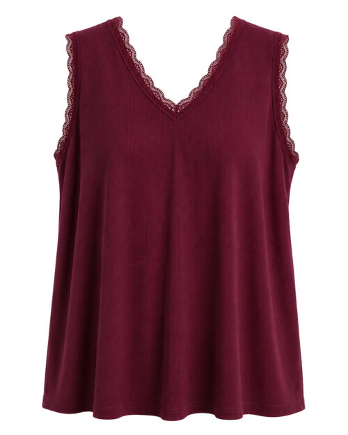 Camiseta Lencera Canale: top lencero canalé tallas grandes en tono burdeos con encaje de Quiles_Shop.