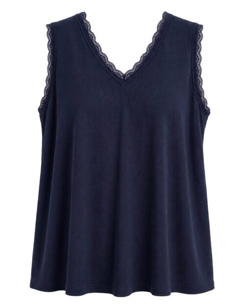 Camiseta Lencera Canale: top lencero canalé tallas grandes en tono azul marino con encaje de Quiles_Shop.