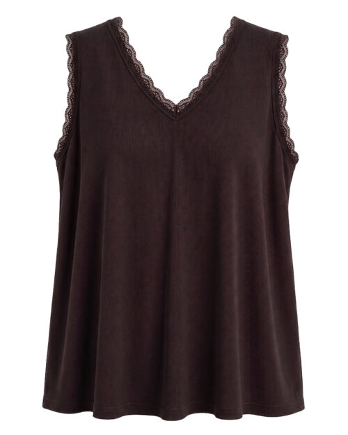 Camiseta Lencera Canale: top lencero canalé tallas grandes en tono marron con encaje de Quiles_Shop.