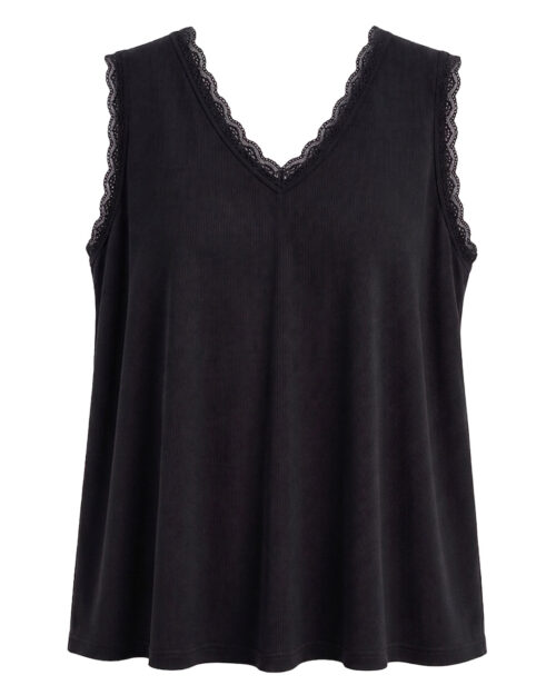 Camiseta Lencera Canale: top lencero canalé tallas grandes en tono negra con encaje de Quiles_Shop.