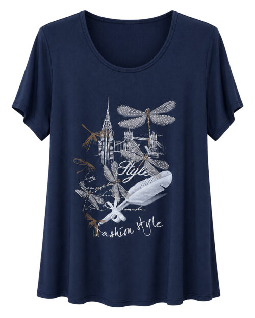 Camiseta Libélula: camiseta libelula viscosa fluida en color azul marino con estampado de libélulas de Quiles_Shop.