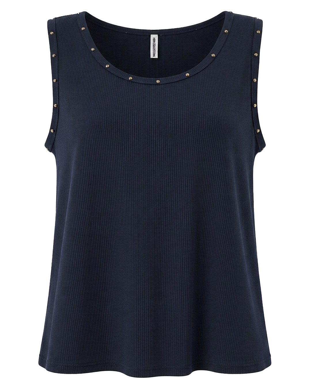 Camiseta Rebel: camiseta de tirantes para mujer real de estilo urbano con tejido acanalado de canalé, cuello redondo y apliques de tachuelas metálicas decorativas en sisas de Quiles_Shop.