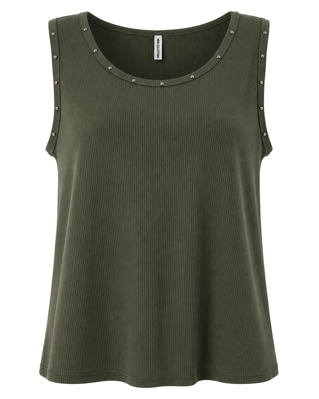 Camiseta Rebel: camiseta de tirantes para mujer real de estilo urbano con tejido acanalado de canalé, cuello redondo y apliques de tachuelas metálicas decorativas en sisas de Quiles_Shop.