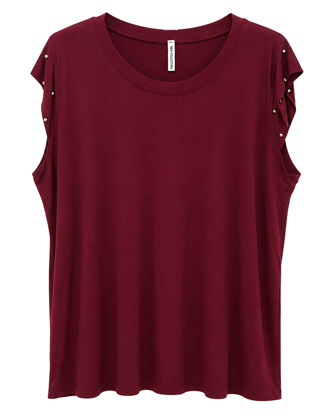 Camiseta Rock: camiseta para mujer real económica en color burdeos con cuello redondo, mangas cortas con mini volantes y detalle de tachuelas plateadas de Quiles_Shop.