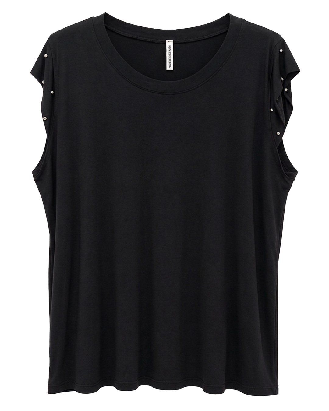 Camiseta Rock: camiseta para mujer real económica en color negro con cuello redondo, mangas cortas con mini volantes y detalle de tachuelas plateadas de Quiles_Shop.