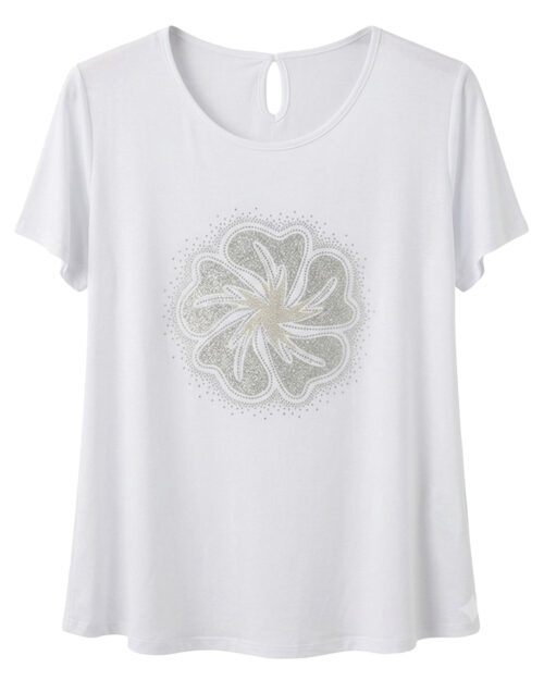 Camiseta Trébol: camiseta trébol brillo casual en color blanco con diseño de trébol en pedrería de Quiles_Shop.