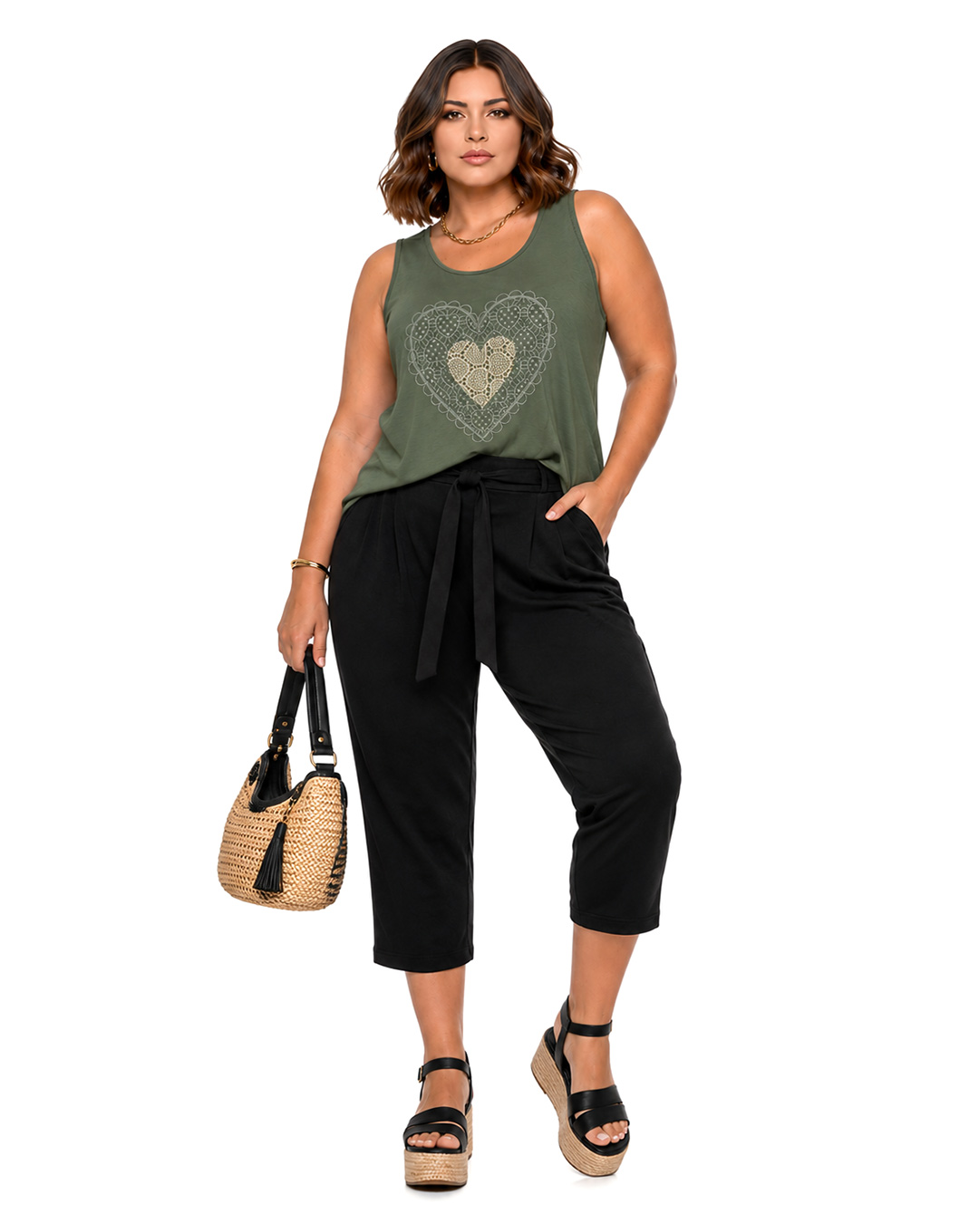 Pirata Lazo Licra Fria: pantalón pirata de licra fría para mujer real de tallas grandes baratas con cintura elástica de lazo, pinzas delanteras y bolsillos funcionales en Quiles_Shop.