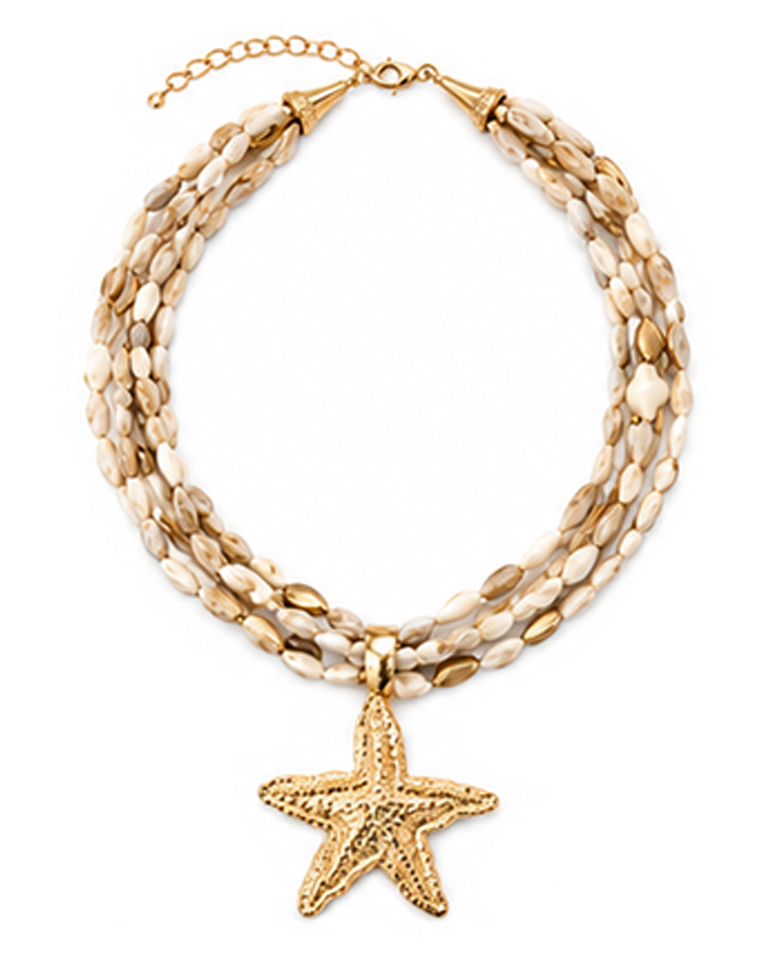 Collar Oceano: collar multihebra de cuentas naturales e inserciones doradas con un gran colgante de estrella de mar con relieve de Quiles_Shop.
