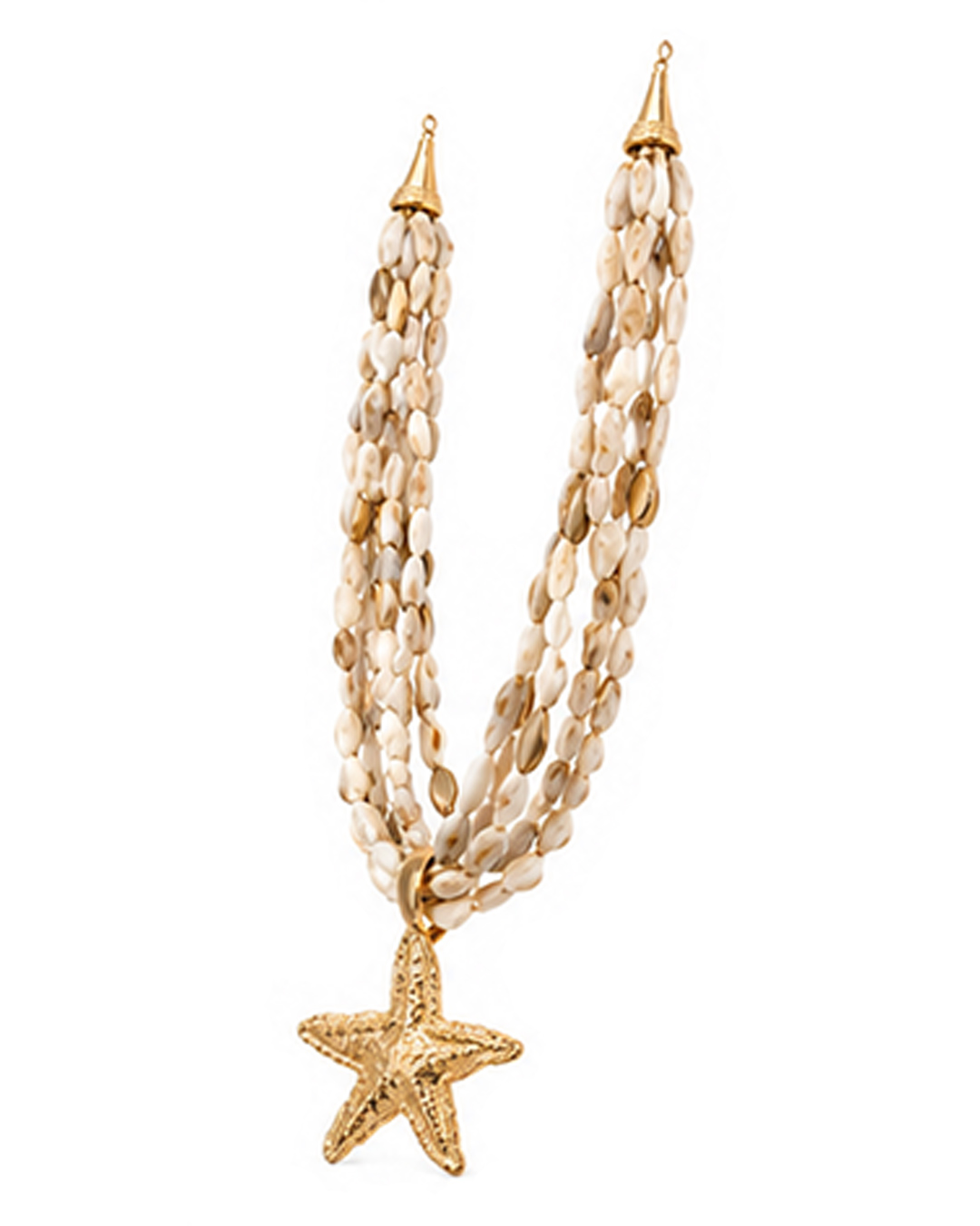 Collar Oceano: collar multihebra de cuentas naturales e inserciones doradas con un gran colgante de estrella de mar con relieve de Quiles_Shop.