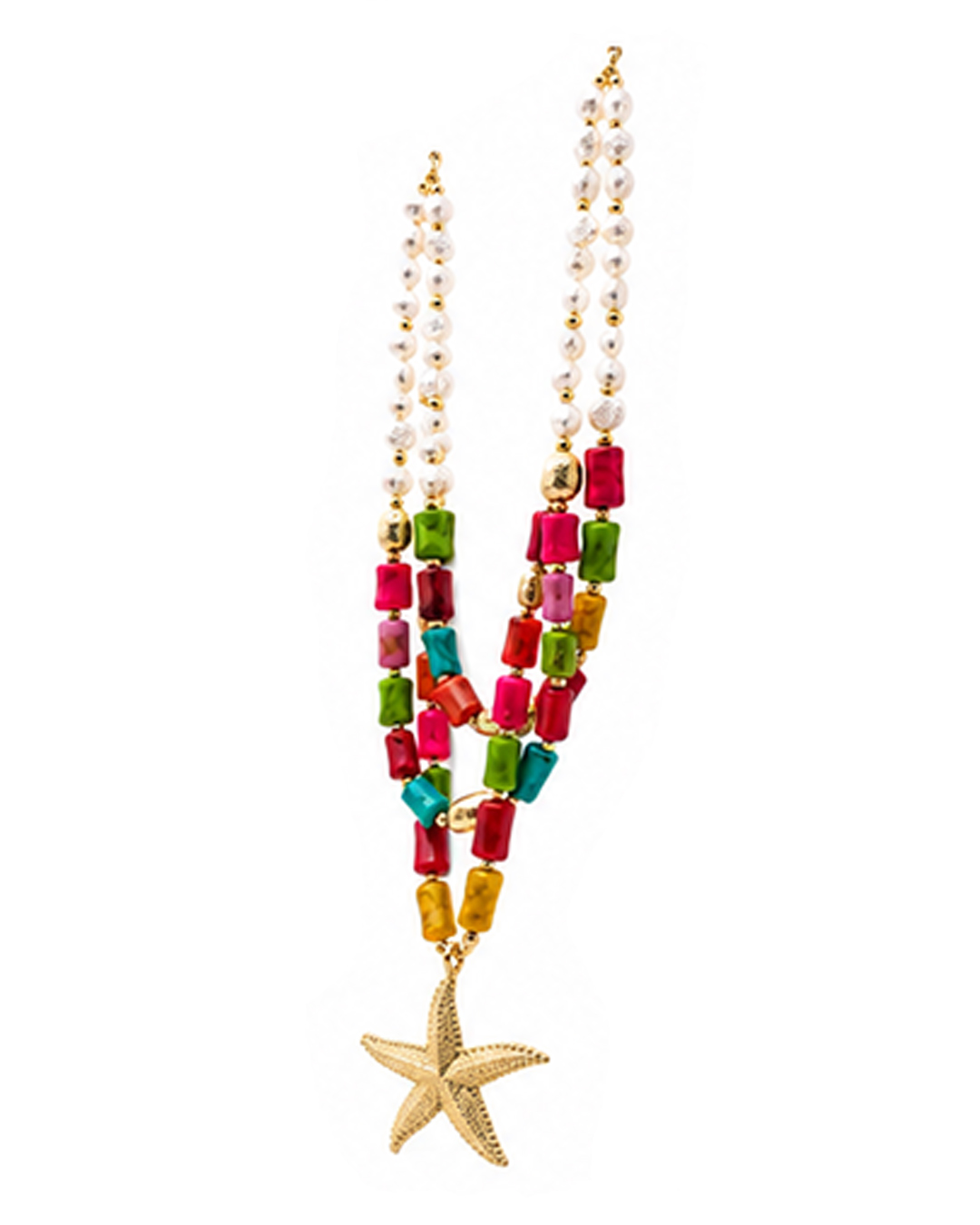 Collar Sirena: collar multihebra con perlas blancas, cuentas cilíndricas de colores vibrantes y maxicolgante de estrella de mar dorada texturizada de Quiles_Shop.