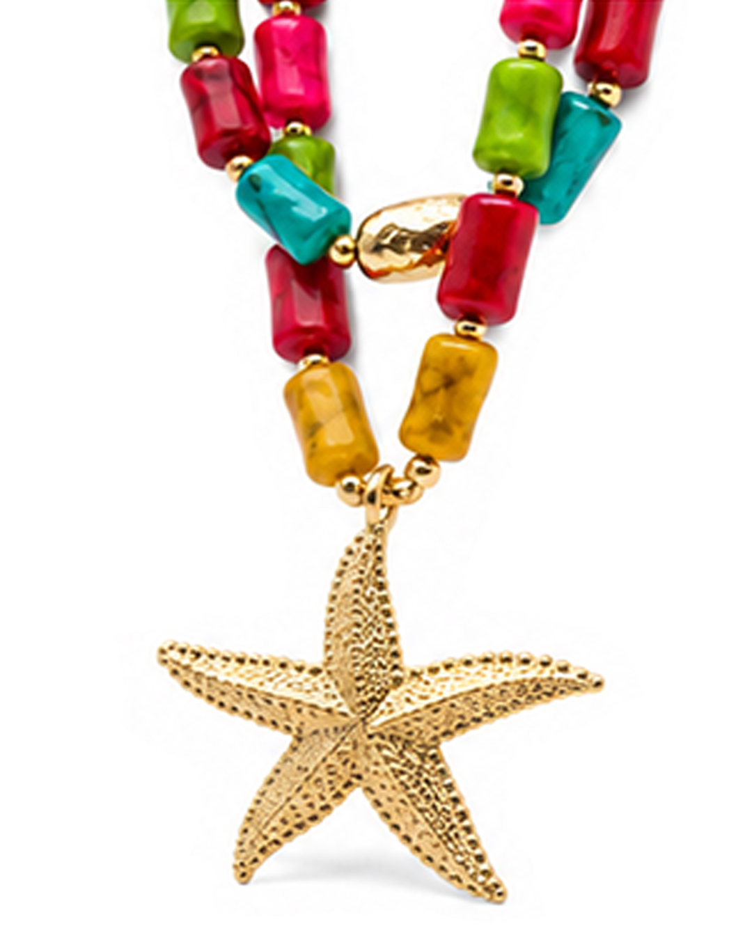 Collar Sirena: collar multihebra con perlas blancas, cuentas cilíndricas de colores vibrantes y maxicolgante de estrella de mar dorada texturizada de Quiles_Shop.