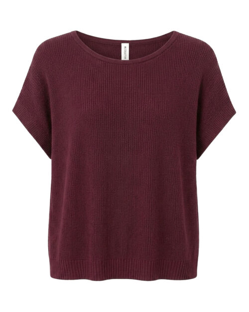 Jersey Hilo: jersey de mujer real barato de punto de hilo fino con escote barco y manga corta caída en color burdeos de Quiles_Shop.