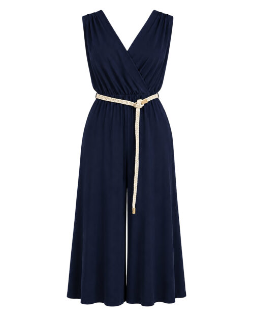Mono Capri: mono largo midi de fiesta para mujer real low cost con escote en pico cruzado, tirantes anchos, cintura elástica con cinturón de cordón trenzado de Quiles_Shop.