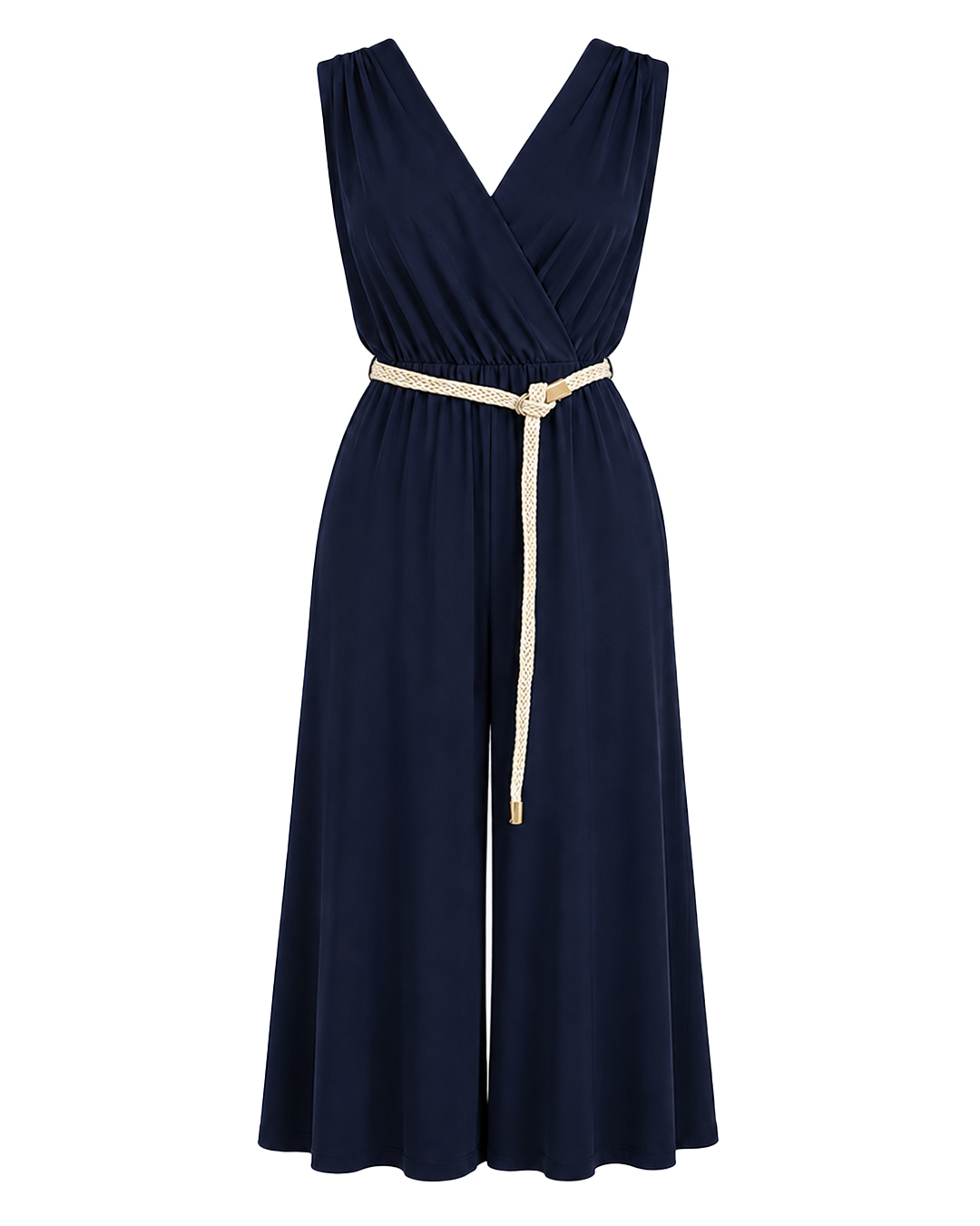Mono Capri: mono largo midi de fiesta para mujer real low cost con escote en pico cruzado, tirantes anchos, cintura elástica con cinturón de cordón trenzado de Quiles_Shop.