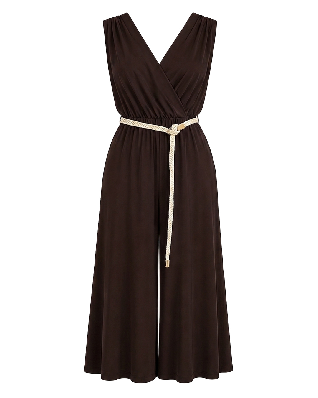Mono Capri: mono largo midi de fiesta para mujer real low cost con escote en pico cruzado, tirantes anchos, cintura elástica con cinturón de cordón trenzado de Quiles_Shop.