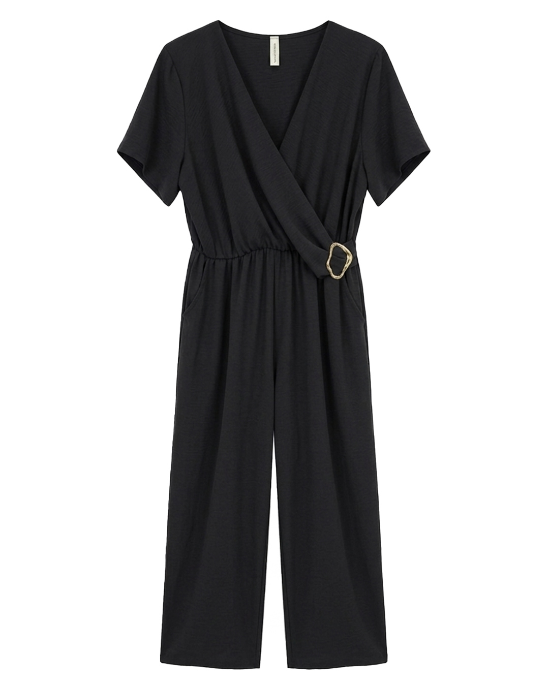 Mono Hera: mono hera de fiesta elegante en color negro con bolsillos laterales y hebilla dorada de Quiles_Shop.