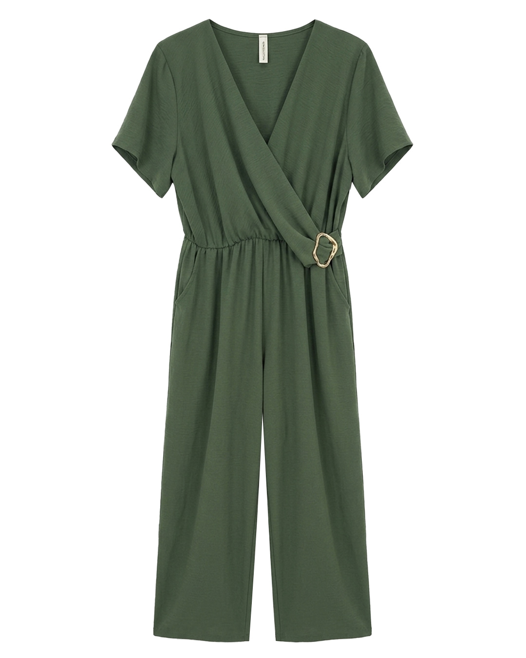 Mono Hera: mono hera de fiesta elegante en color verde con bolsillos laterales y hebilla dorada de Quiles_Shop.