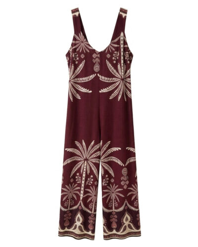 Mono Oasis: mono casual para mujer real low cost con escote en pico, tirantes anchos, pernera recta fluida y un llamativo estampado simétrico de palmeras de Quiles_Shop.