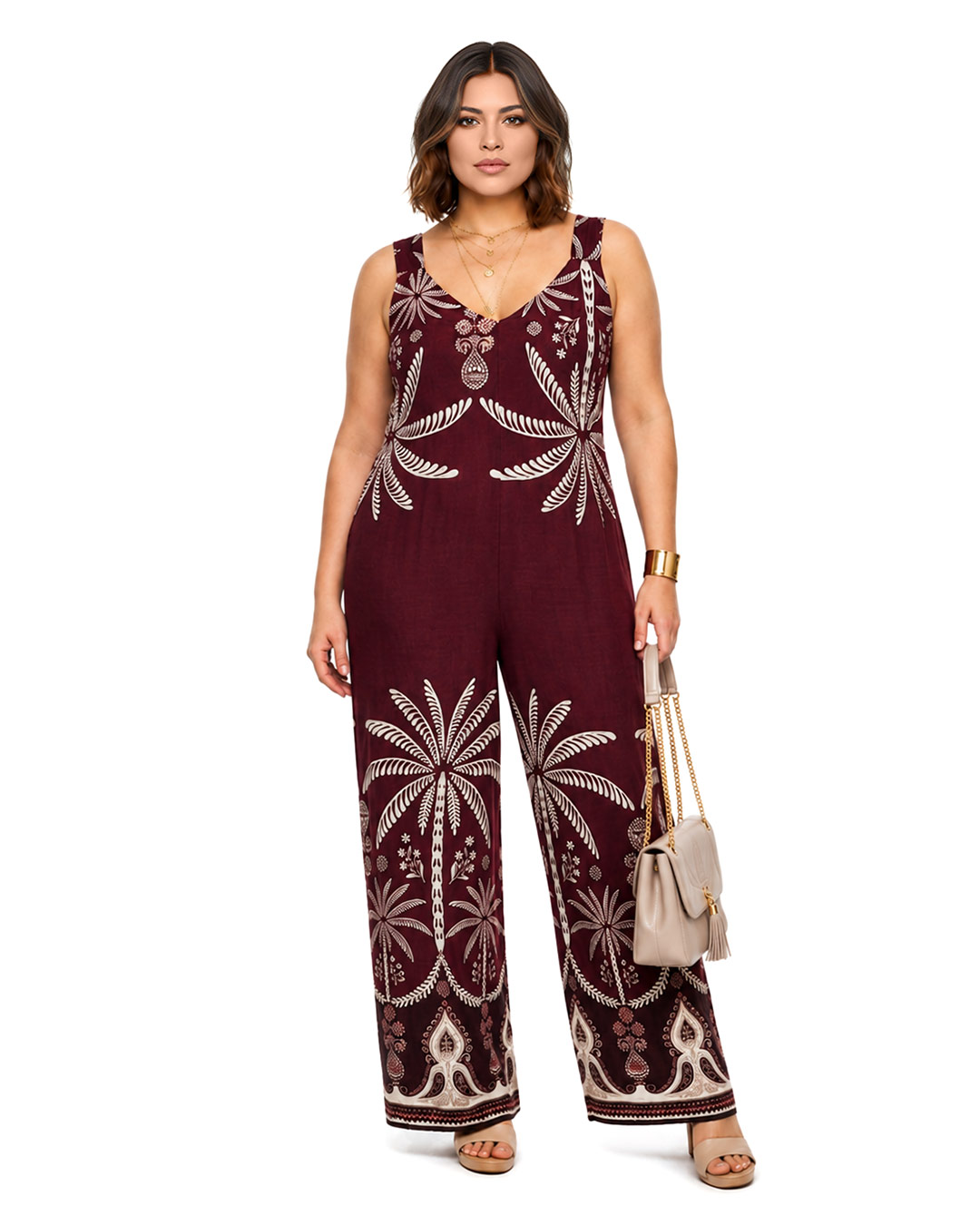 Mono Oasis: mono casual para mujer real low cost con escote en pico, tirantes anchos, pernera recta fluida y un llamativo estampado simétrico de palmeras de Quiles_Shop.