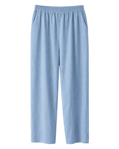 Pantalón Flow: pantalón fluido de talle alto con cintura elástica en color azul denim claro de Quiles_Shop.
