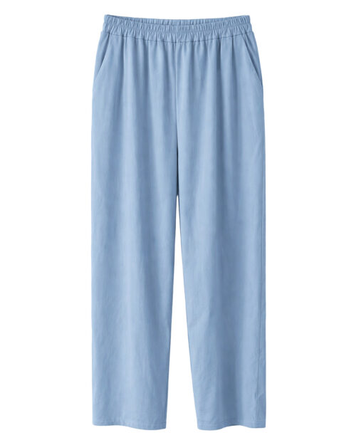 Pantalón Flow: pantalón fluido de talle alto con cintura elástica en color azul denim claro de Quiles_Shop.