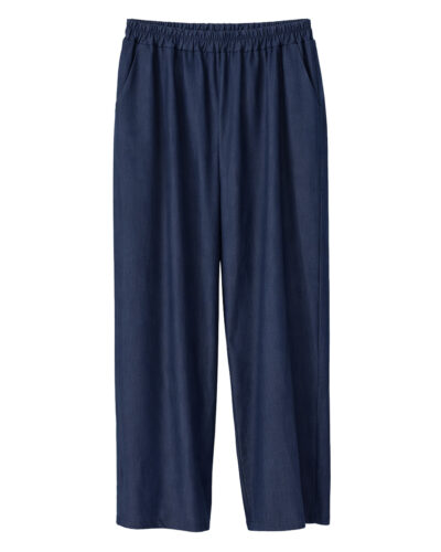 Pantalón Flow: pantalón fluido de talle alto con cintura elástica en color azul denim oscuro de Quiles_Shop.