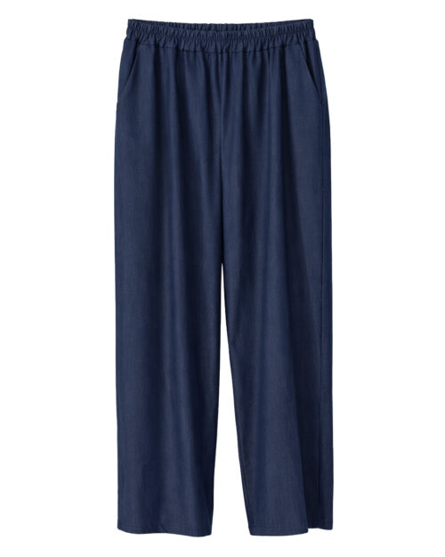 Pantalón Flow: pantalón fluido de talle alto con cintura elástica en color azul denim oscuro de Quiles_Shop.