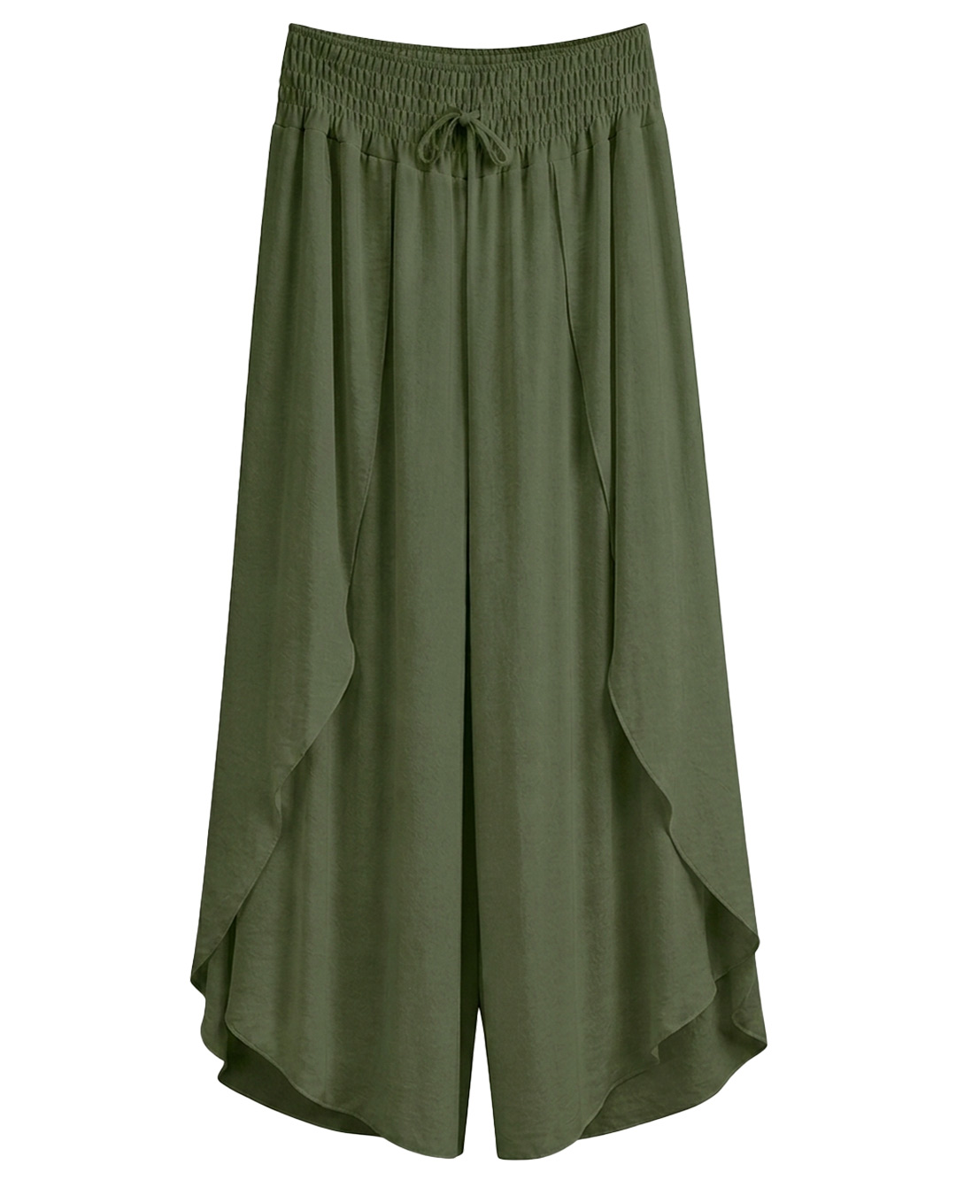 Pantalón Ibicenco: pantalón ancho suelto de tejido fluido para mujeres reales de tallas curvy con cintura elástica de nido de abeja, lazo y perneras cruzadas tipo pareo de Quiles_Shop.