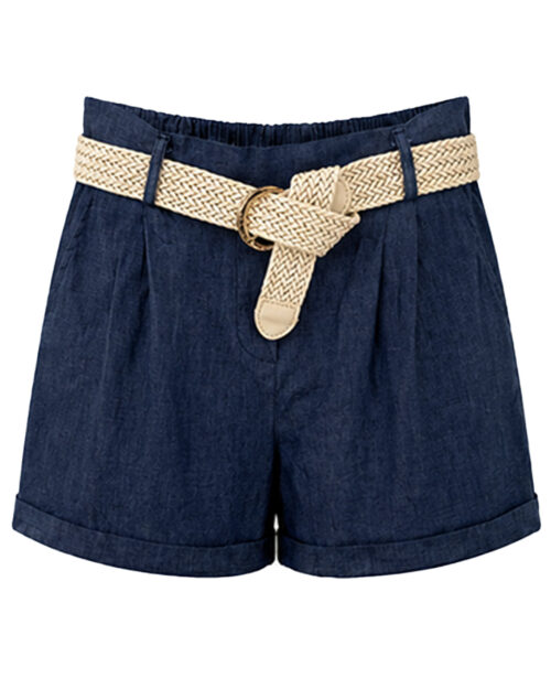 Short Vaquero Urban: pantalón corto vaquero elástico para mujeres reales de tallas curvy con cintura de tiro alto fruncida, dobladillo en el bajo y cinturón trenzado de Quiles_Shop.