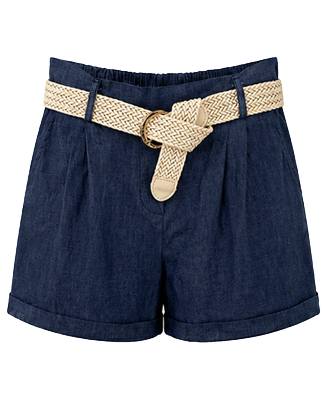 Short Vaquero Urban: pantalón corto vaquero elástico para mujeres reales de tallas curvy con cintura de tiro alto fruncida, dobladillo en el bajo y cinturón trenzado de Quiles_Shop.