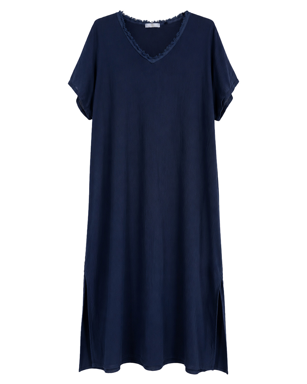 Vestido Bambula: vestido de bambula fluido para mujer real de estilo casual con cuello en pico deshilachado, manga corta caída y aberturas laterales en Quiles_Shop