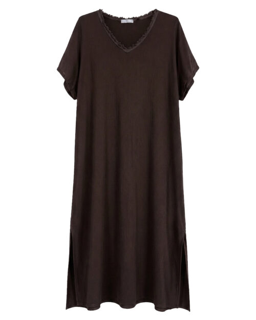 Vestido Bambula: vestido de bambula fluido para mujer real de estilo casual con cuello en pico deshilachado, manga corta caída y aberturas laterales en Quiles_Shop