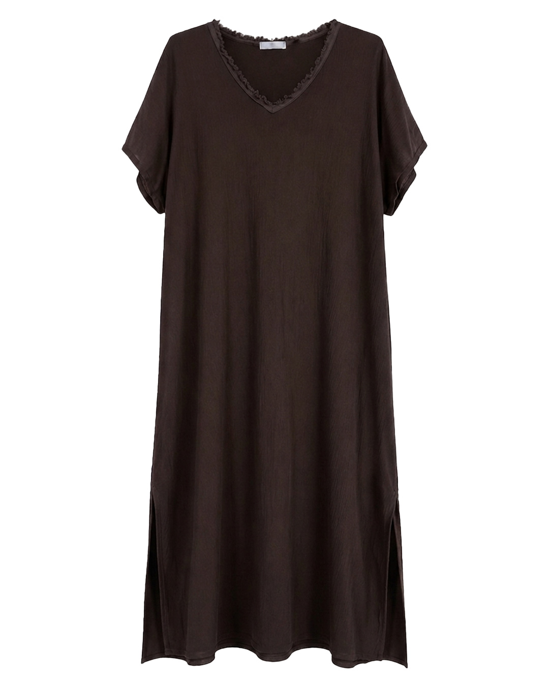 Vestido Bambula: vestido de bambula fluido para mujer real de estilo casual con cuello en pico deshilachado, manga corta caída y aberturas laterales en Quiles_Shop