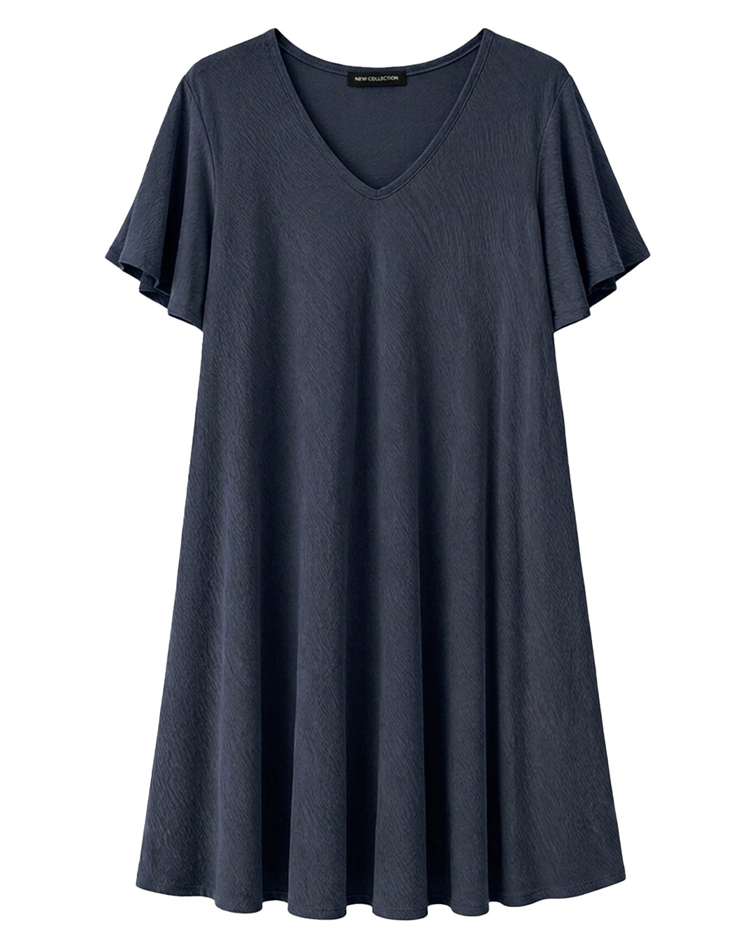 Vestido Bies: vestido de fiesta para mujer real low cost en color azul marino, de corte evasé con cuello en pico y mangas cortas fluidas estilo capa de Quiles_Shop.