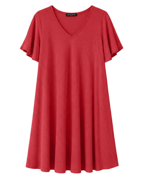 Vestido Bies: vestido de fiesta para mujer real low cost en color azul rojo, de corte evasé con cuello en pico y mangas cortas fluidas estilo capa de Quiles_Shop.