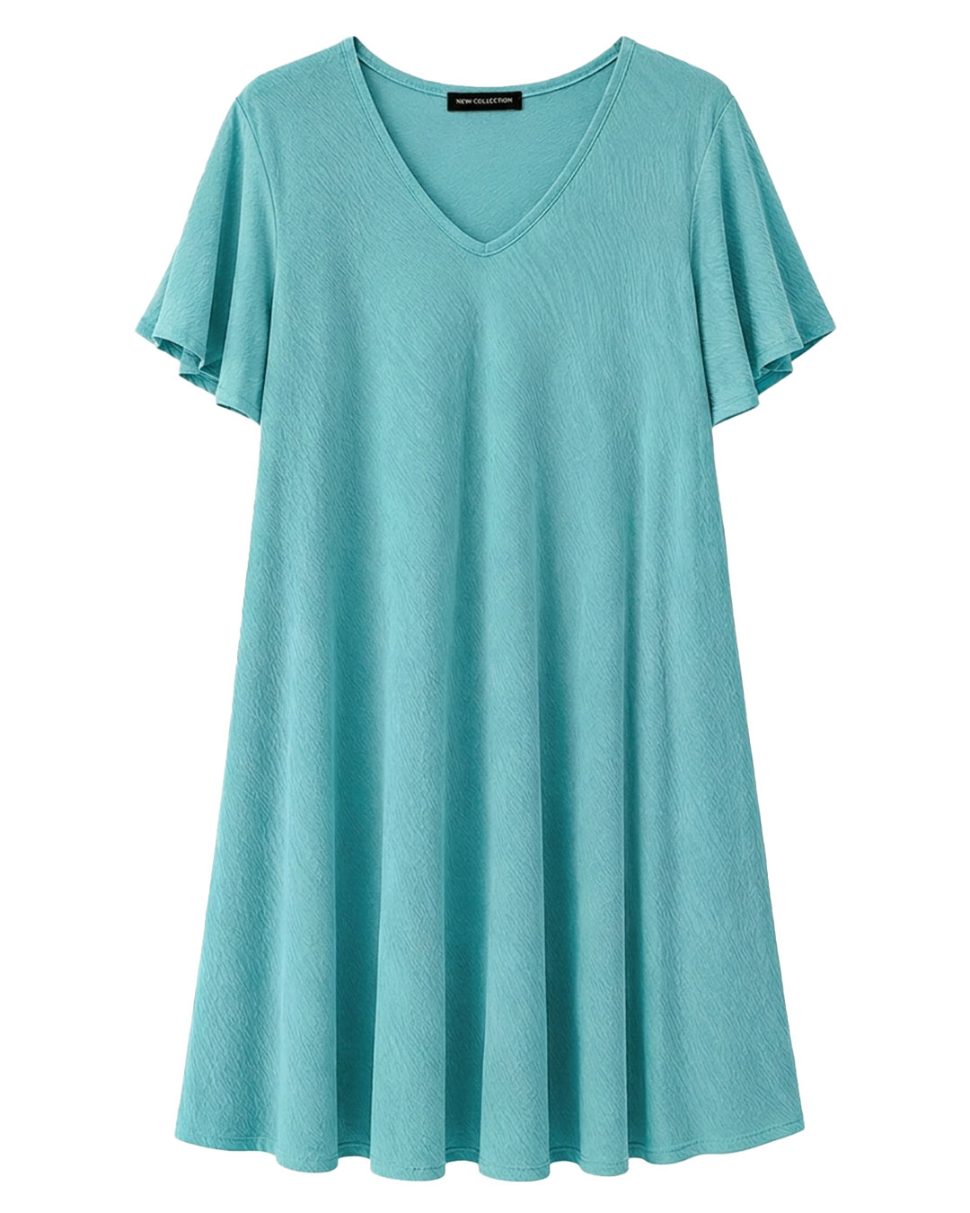 Vestido Bies: vestido de fiesta para mujer real low cost en color turquesa, de corte evasé con cuello en pico y mangas cortas fluidas estilo capa de Quiles_Shop.