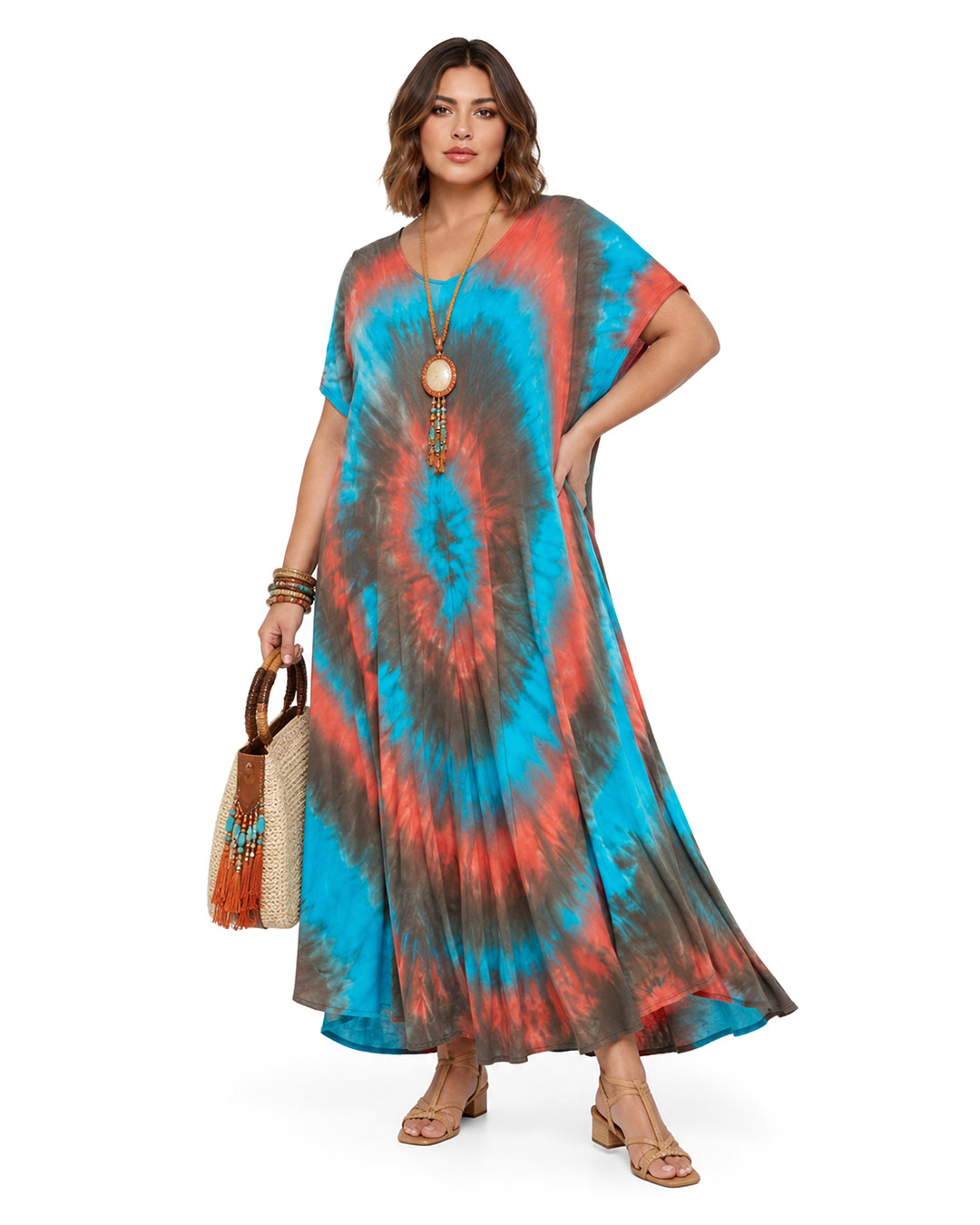 Vestido Bora Bora: vestido largo de diario con escote en pico, bajo asimétrico en picos y estampado tie-dye turquesa en tejido fluido de viscosa de Quiles_Shop.