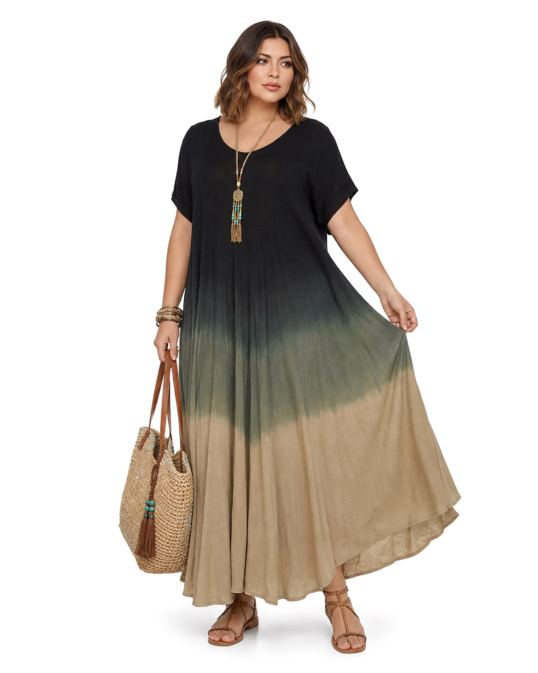 Vestido Crepúsculo: vestido largo de diario con manga corta y escote en pico con degradado difuminado de Quiles_Shop.