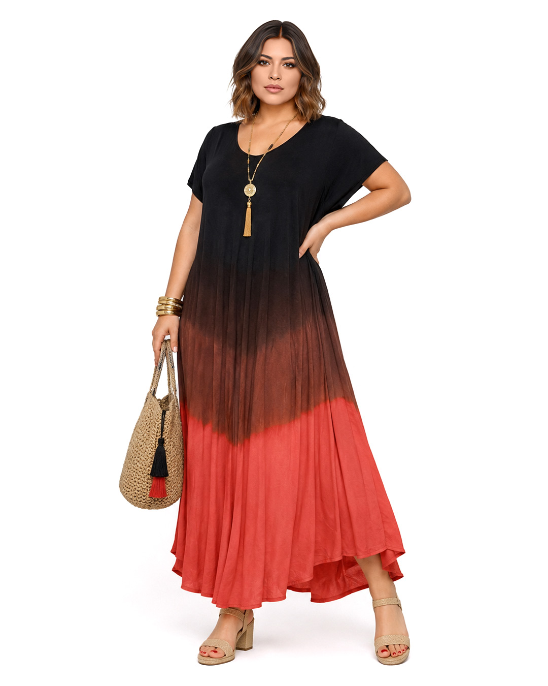 Vestido Crepúsculo: vestido largo de diario con manga corta y escote en pico con degradado difuminado de Quiles_Shop.