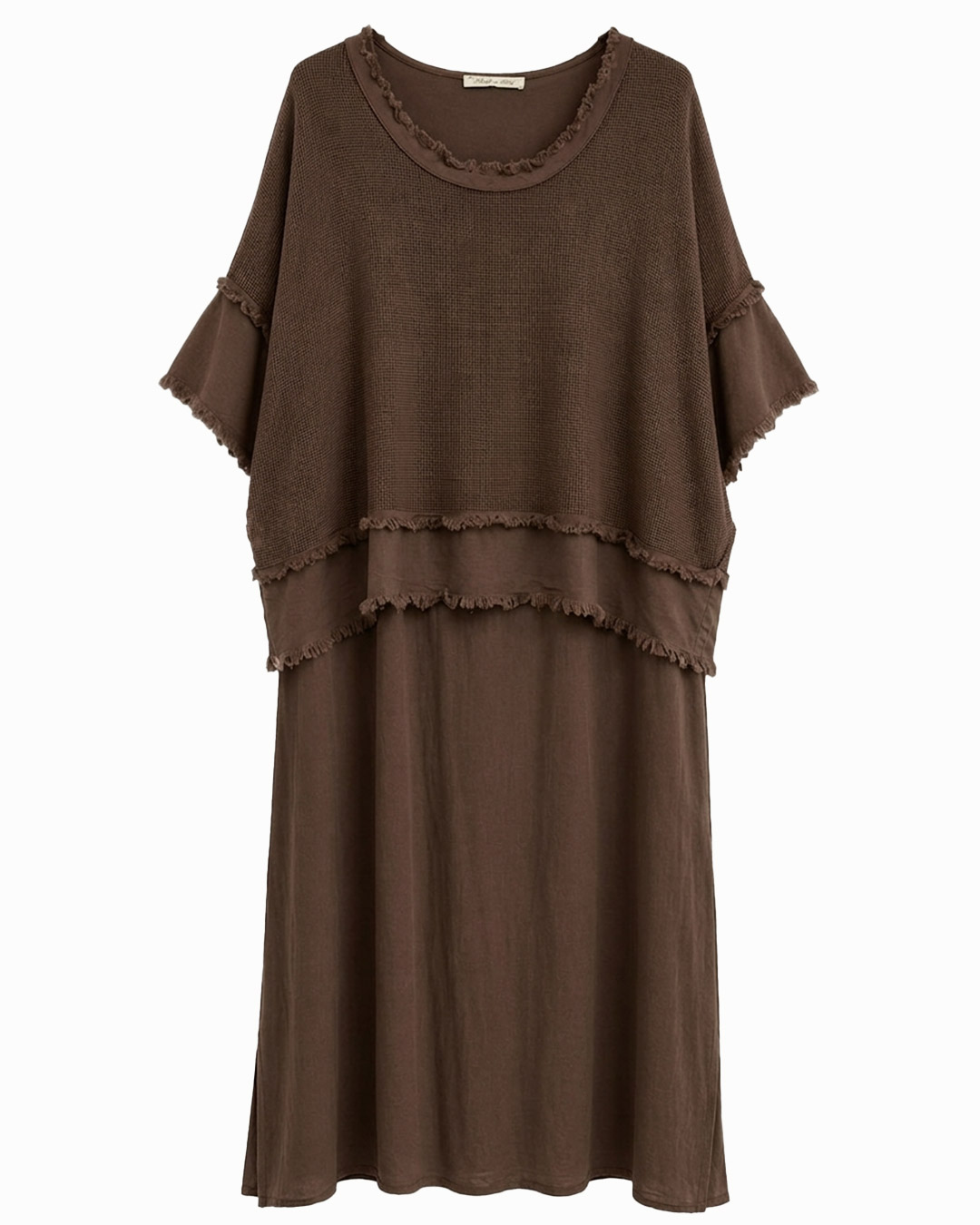 Vestido Dual: vestido dual algodón y lino de dos piezas en color marrón con sobrecapa de rejilla y bolsillos de Quiles_Shop.