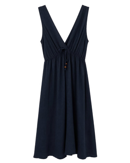 Vestido Eos: vestido de fiesta para mujer real low cost con escote en pico pronunciado, tirantes anchos, cintura elástica fruncida con cordón ajustable y detalles de cuentas de Quiles_Shop.