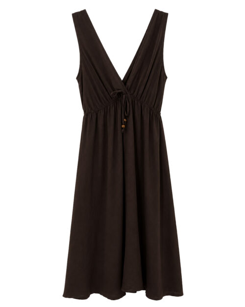 Vestido Eos: vestido de fiesta para mujer real low cost con escote en pico pronunciado, tirantes anchos, cintura elástica fruncida con cordón ajustable y detalles de cuentas de Quiles_Shop.