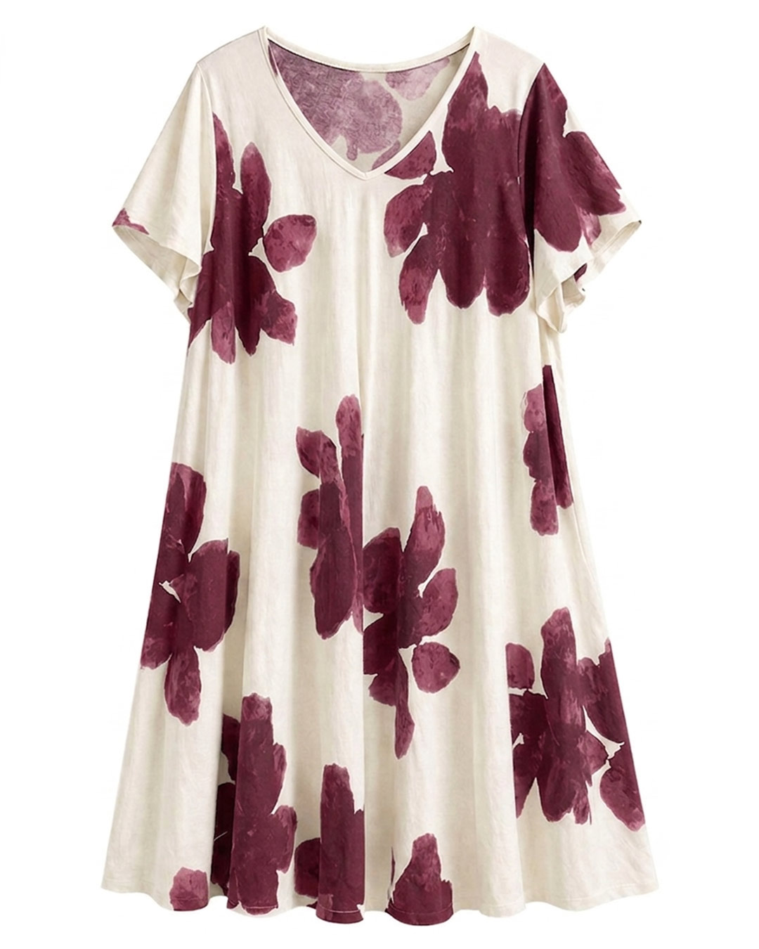 Vestido Floral: vestido floral midi de lino para mujer real de tallas grandes con cuello en pico, manga corta fluida y estampado de flores grandes de Quiles_Shop.