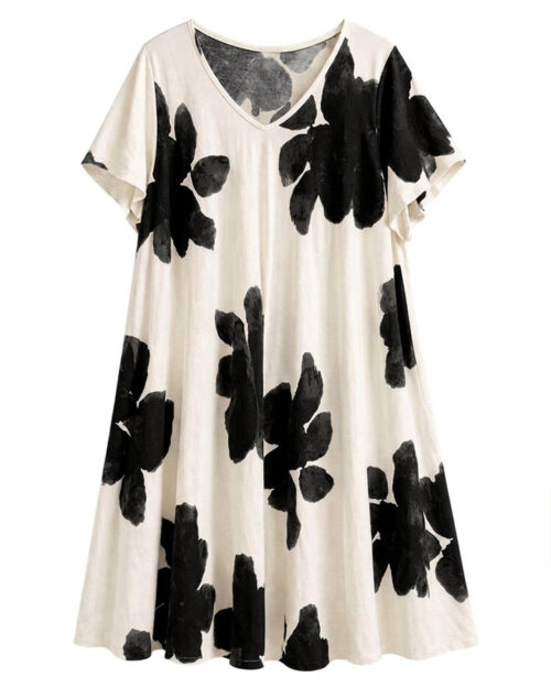 Vestido Floral: vestido floral midi de lino para mujer real de tallas grandes con cuello en pico, manga corta fluida y estampado de flores grandes de Quiles_Shop.