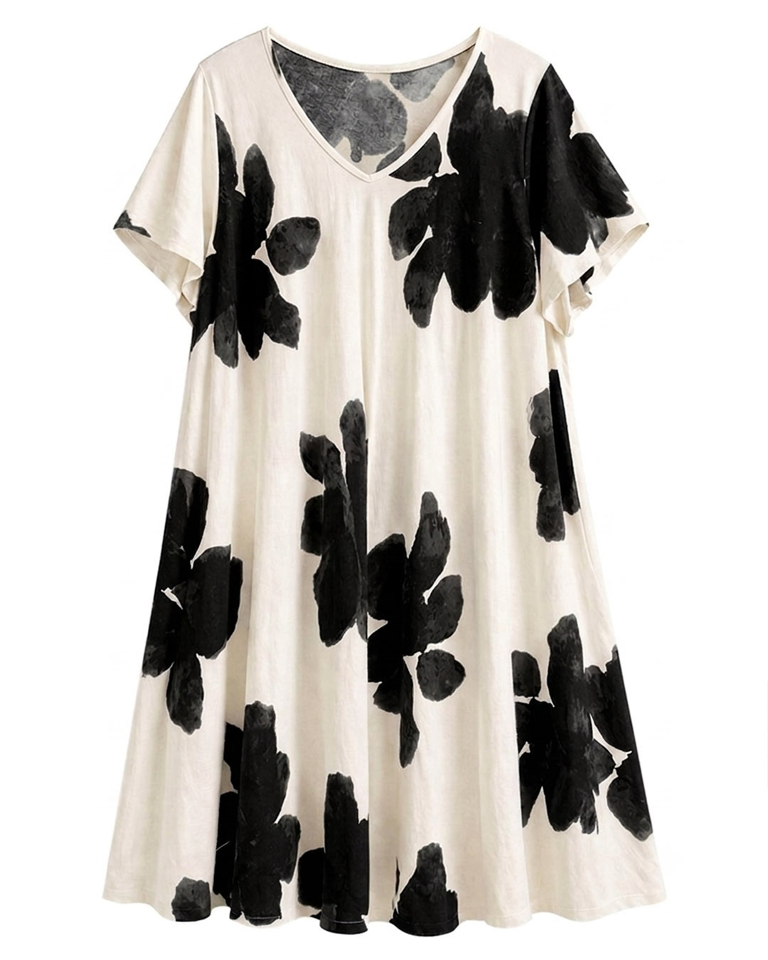 Vestido Floral: vestido floral midi de lino para mujer real de tallas grandes con cuello en pico, manga corta fluida y estampado de flores grandes de Quiles_Shop.